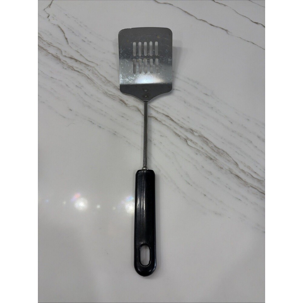 Vintage Stainless Steel Slotted Spatula Turner with Black Handle Flipper